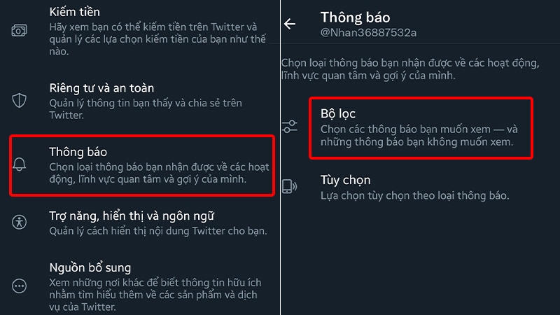 Nhấn vào Thông báo và chọn vào Bộ lọc