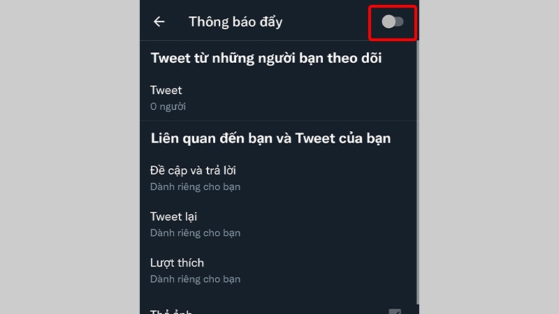 Gạt công tắc sang trái để đưa Thông báo đẩy về trạng thái tắt