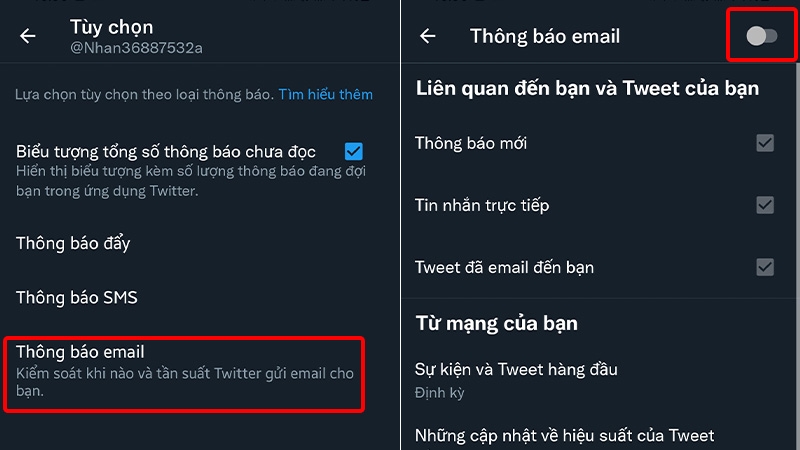 Nhấn vào Thông báo email và tắt chức năng thông báo