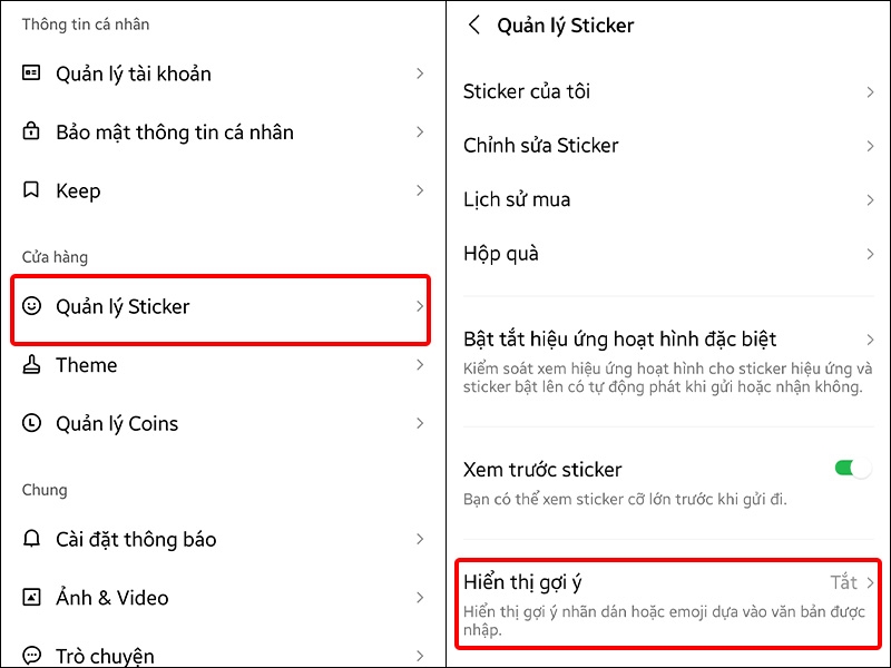 Nhấn vào Quản lý Sticker và chọn Hiển thị gợi ý