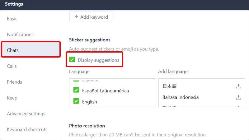 Nhấn vào Chats và tích chọn mục Display Suggestions
