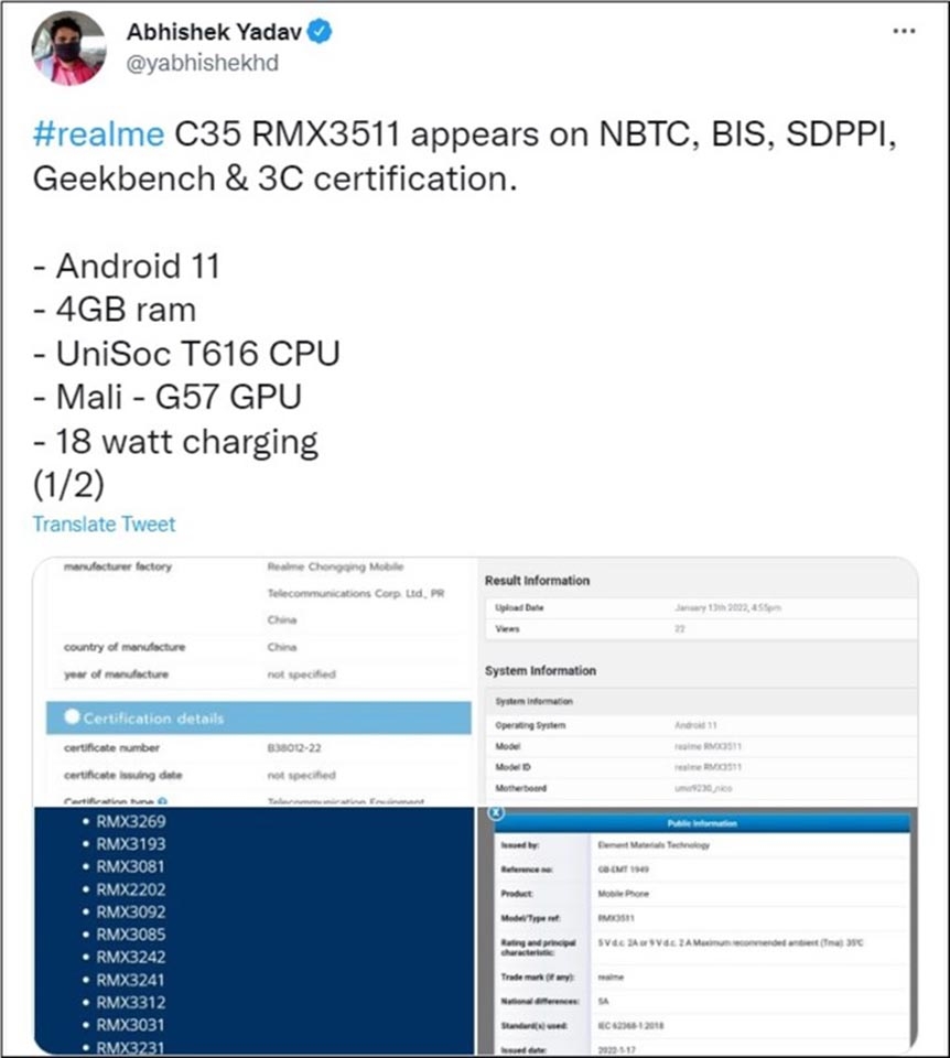 Realme C35 đạt chứng nhận