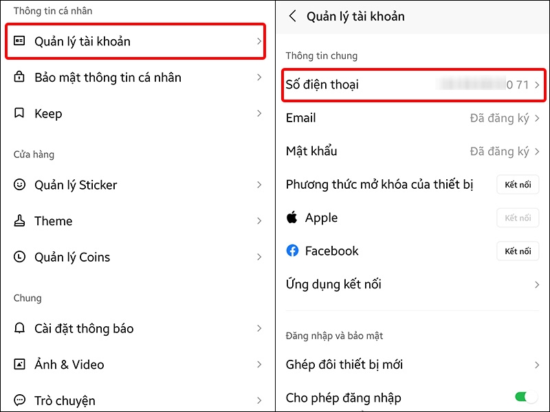 Nhấn vào Quản lý tài khoản và chọn Số điện thoại
