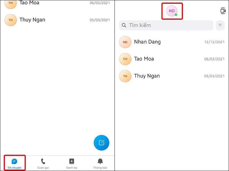 Nhấn vào Trò chuyện và chọn Ảnh đại diện
