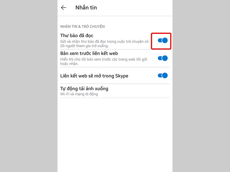 Bật tính năng tại phần Thư báo đã đọc