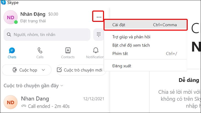 Nhấn vào dấu Ba chấm và chọn Cài đặt