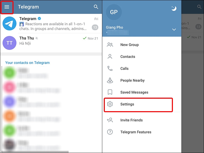 Nhấn vào ba dấu gạch ngang và chọn Settings