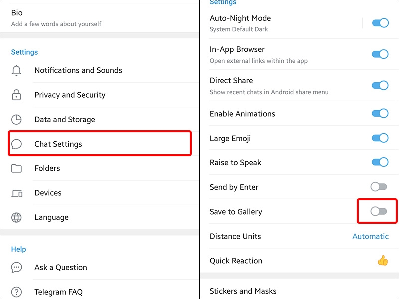 Nhấn vào Chat settings và tắt mục Save to Gallery
