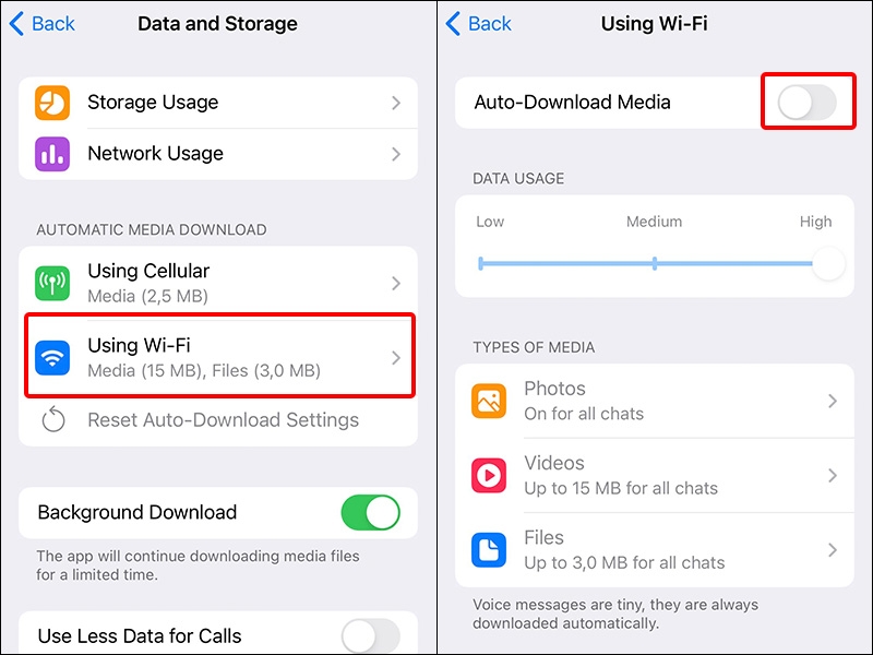 Nhấn vào Using Wi-Fi và tắt mục Auto-Download Media