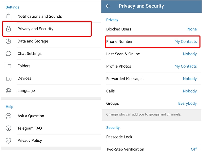 Nhấn vào Privacy and Security và nhấn vào mục Phone Number