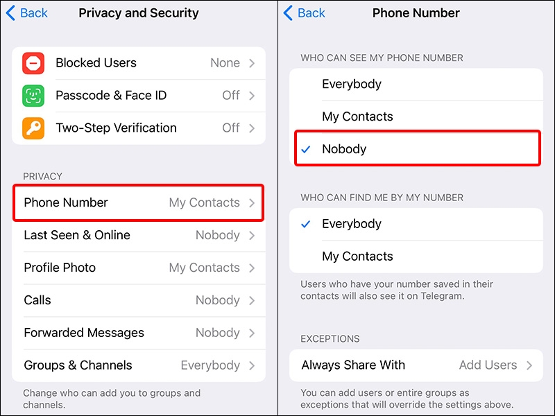 Nhấn vào Phone Number và chọn Nobody để hoàn tất cài đặt
