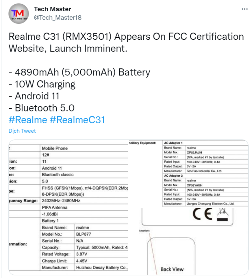 Realme C31 đạt chứng nhận FCC