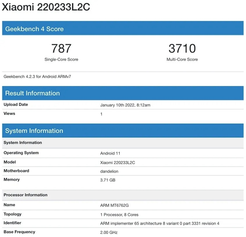 Redmi 10A xuất hiện trên Geekbench