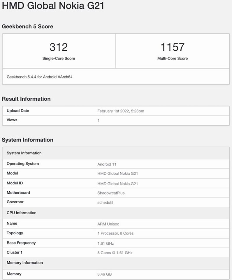 Nokia G21 xuất hiện trên Geekbench Nokia G21 xuất hiện trên Geekbench