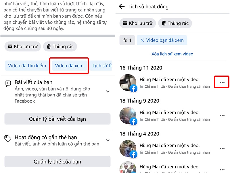 Chọn Video đã xem và nhấn vào dấu ba chấm tại video muốn xóa