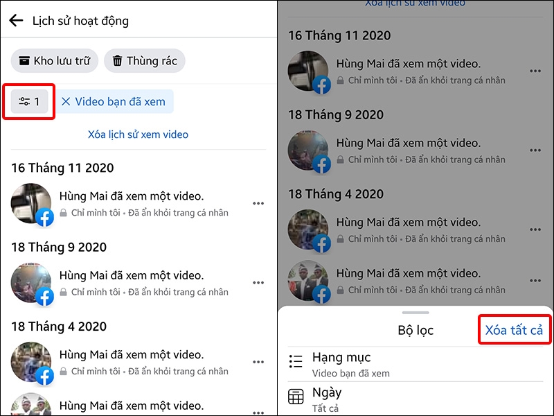Nhấn vào bộ lọc và chọn Xóa tất cả