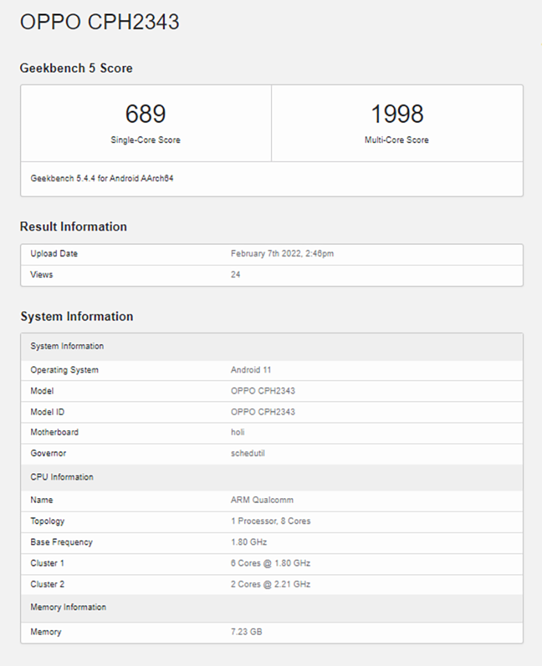 OPPO Reno7 Z 5G xuất hiện trên Geekbench