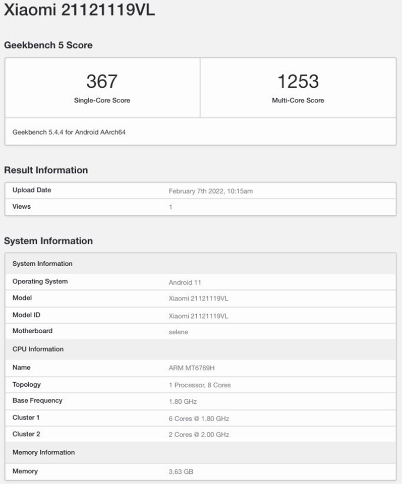 Redmi 10 (2022) xuất hiện trên Geekbench Redmi 10 (2022) xuất hiện trên Geekbench