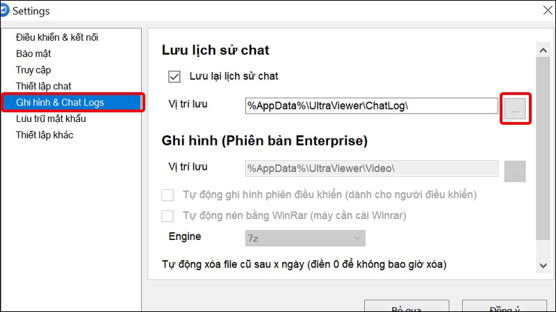 Chọn Ghi hình & Chat Logs và nhấn vào dấu ba chấm