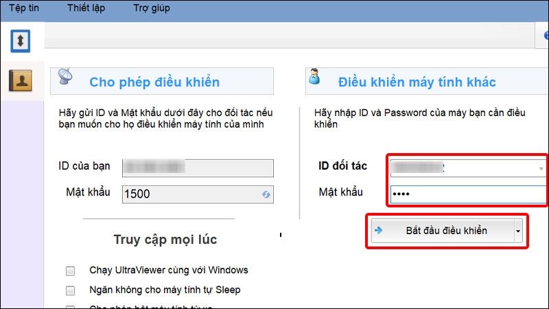 Nhập ID và Mật khẩu của đối tác sau đó nhấn Bắt đầu điều khiển