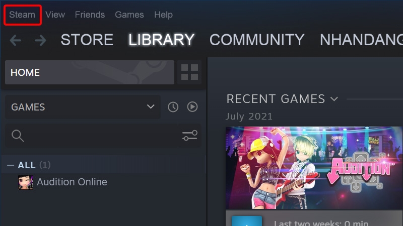 Nhấn vào mục Steam góc trên cùng bên trái