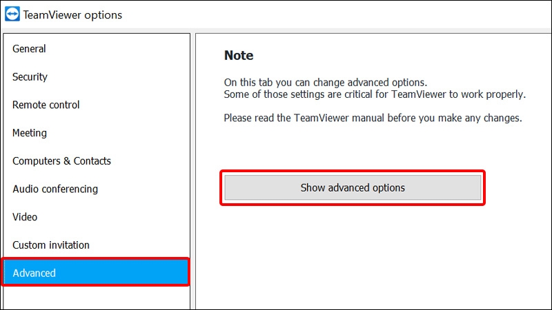 Nhấn vào mục quản lý Advanced và click vào Show advanced options