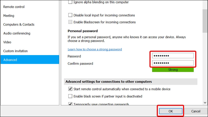 Nhập Mật khẩu của bạn vào ô trống và nhấn OK để lưu thay đổi