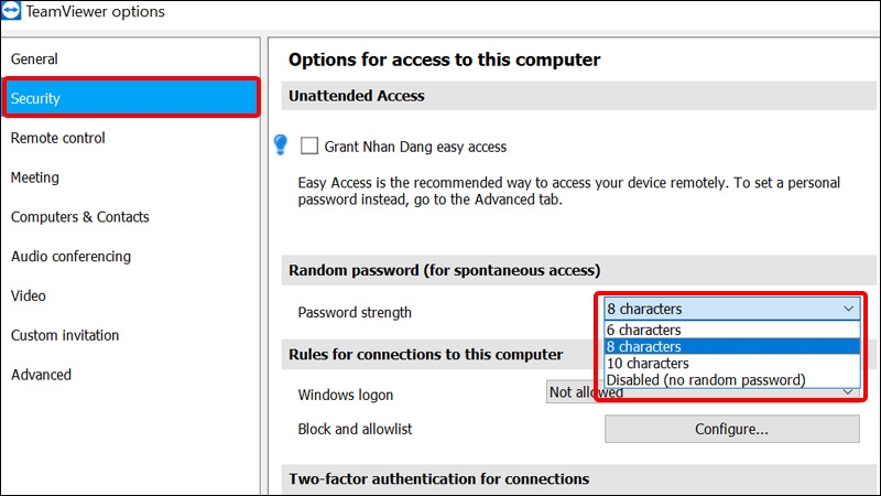 Tùy chỉnh độ dài của mật khẩu