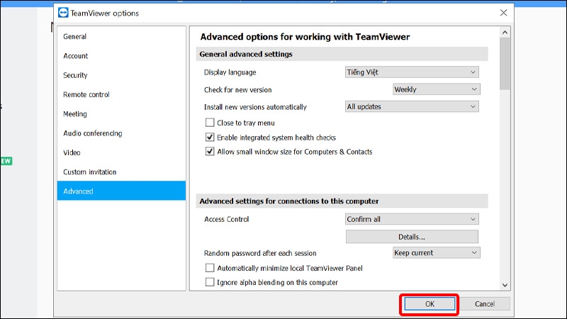 Nhấn OK để lưu cài đặt