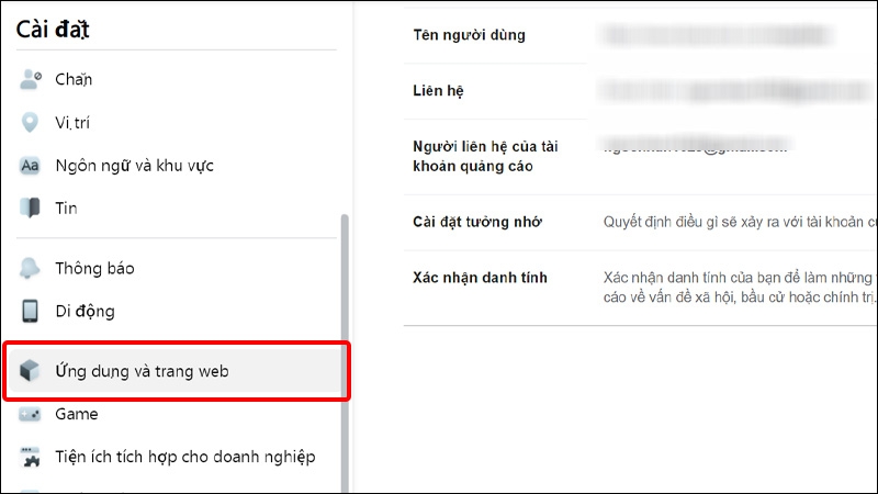 Click chuột vào mục Ứng dụng và trang web