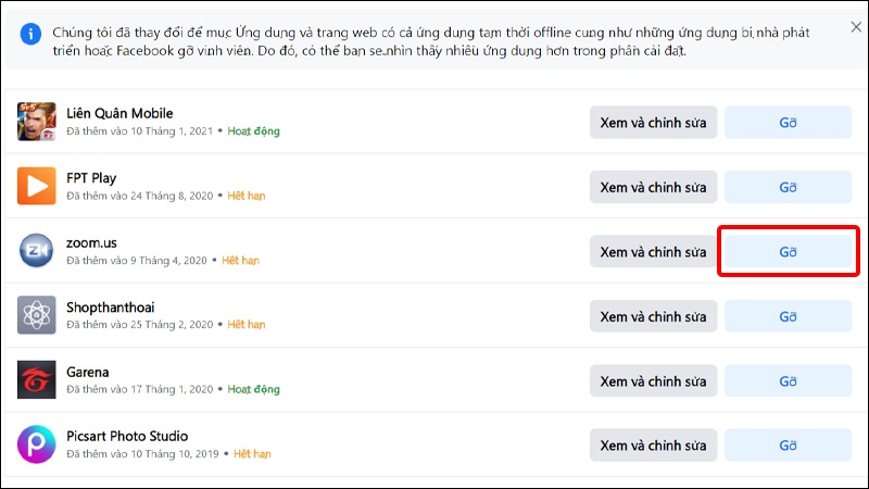 Nhấn Gỡ tại ứng dụng mà bạn muốn gỡ liên kết với tài khoản Facebook
