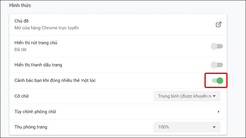 Kích hoạt tính năng Cảnh báo khi đóng nhiều thẻ một lúc