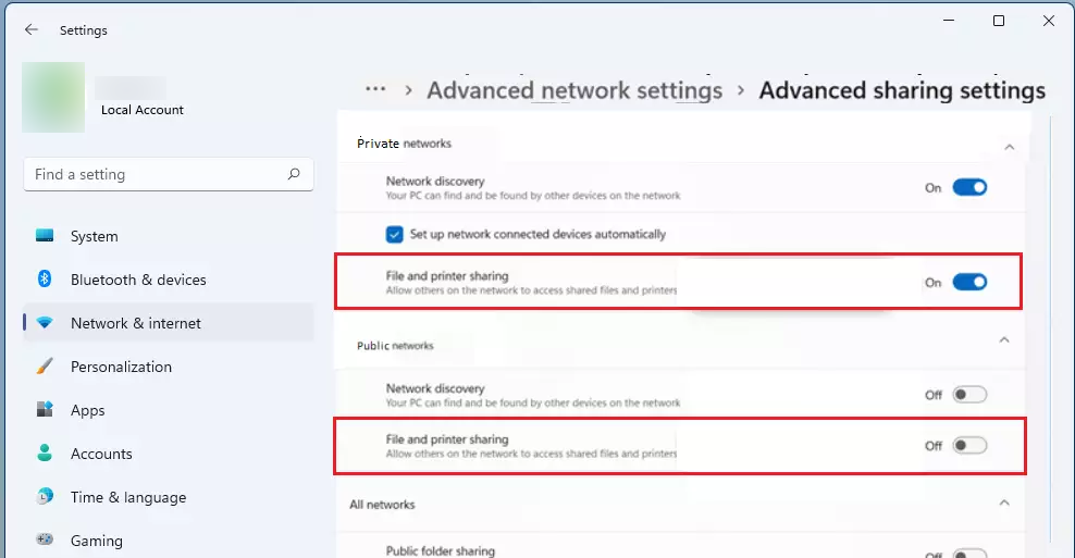 Hướng dẫn bật hoặc tắt chia sẻ file và máy in trên Windows 11 (5)