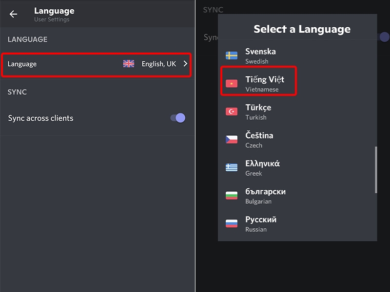 Nhấn vào Language và chọn ngôn ngữ Tiếng Việt