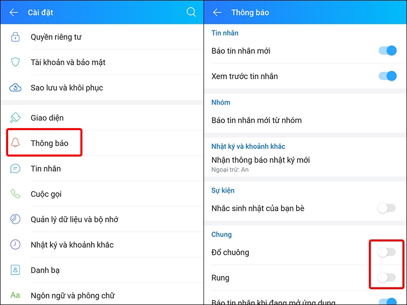 Nhấn vào Thông báo và tắt chế độ Đổ chuông và Rung
