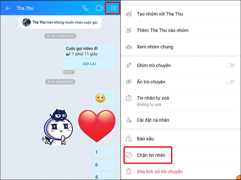 Nhấn vào biểu tượng Ba gạch ngang và nhấn vào Chặn tin nhắn