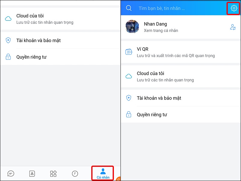 Chuyển sang tab Cá nhân và nhấn vào biểu tượng Cài đặt
