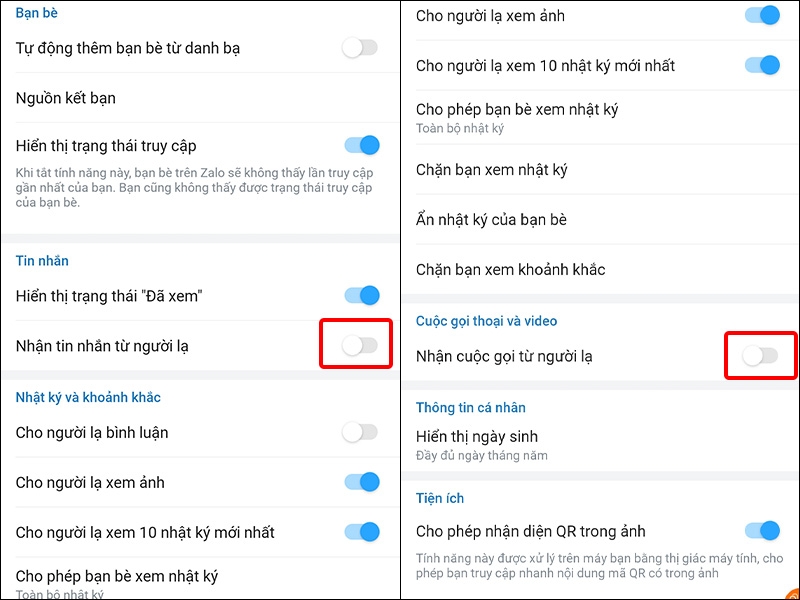 Tắt Nhận tin nhắn và Nhận cuộc gọi từ người lạ