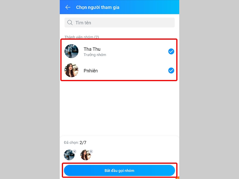 Lựa chọn thành viên tham gia và nhấn Bắt đầu gọi nhóm