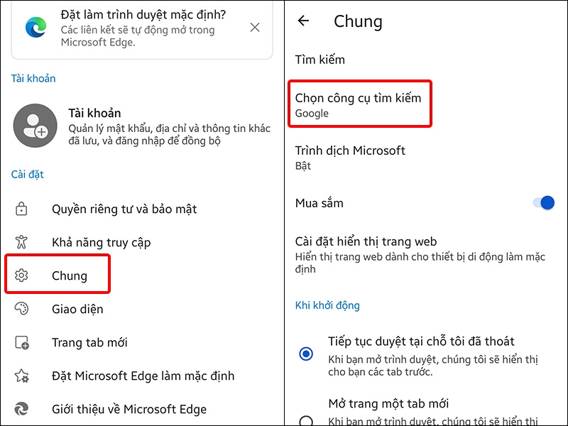 Nhấn vào mục Chung và chọn Chọn công cụ tìm kiếm