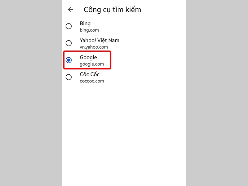 Tại đây, bạn có thể lựa chọn công cụ tìm kiếm mà bạn yêu thích