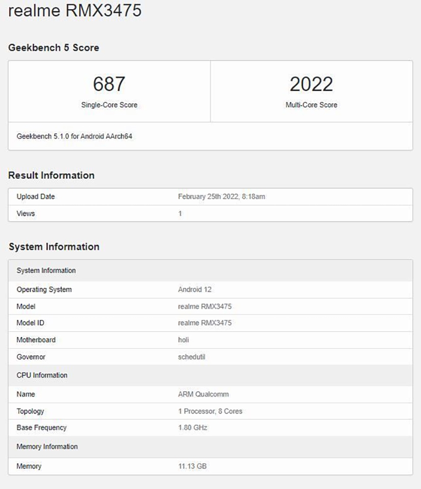 Realme V25 xuất hiện trên Geekbench với chip Snapdragon 695, RAM 12GB Realme V25 xuất hiện trên Geekbench với chip Snapdragon 695, RAM 12GB