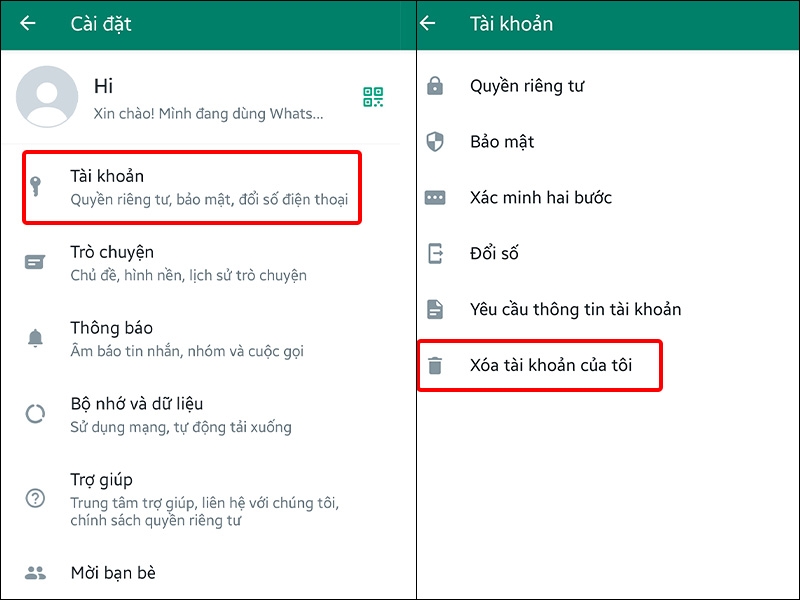 Nhấn vào Tài khoản và chọn Xóa tài khoản của tôi