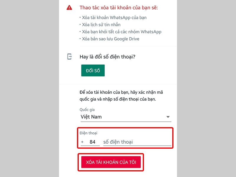 Nhập Số điện thoại của bạn vào ô và nhấn XÓA TÀI KHOẢN CỦA TÔI