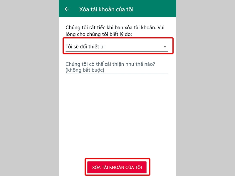 Chọn Lý do xóa tài khoản của bạn