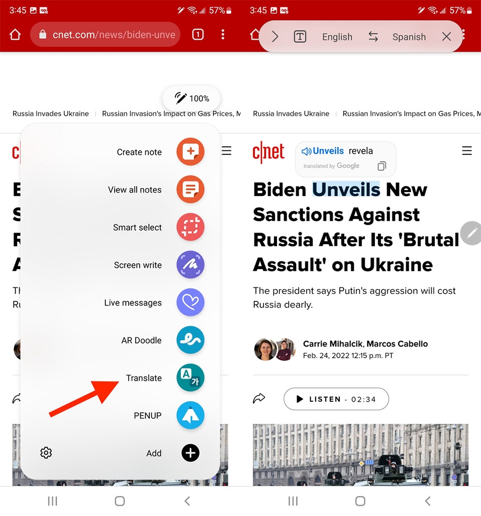 Sử dụng S Pen để dịch nhanh văn bản