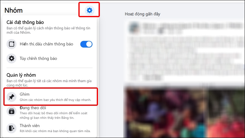 Nhấn vào Cài đặt và chọn Ghim