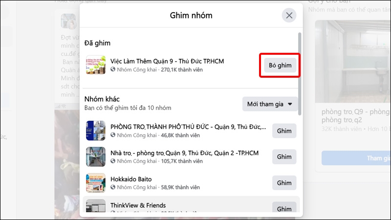 Nhấn Bỏ ghim vào nhóm mà bạn muốn