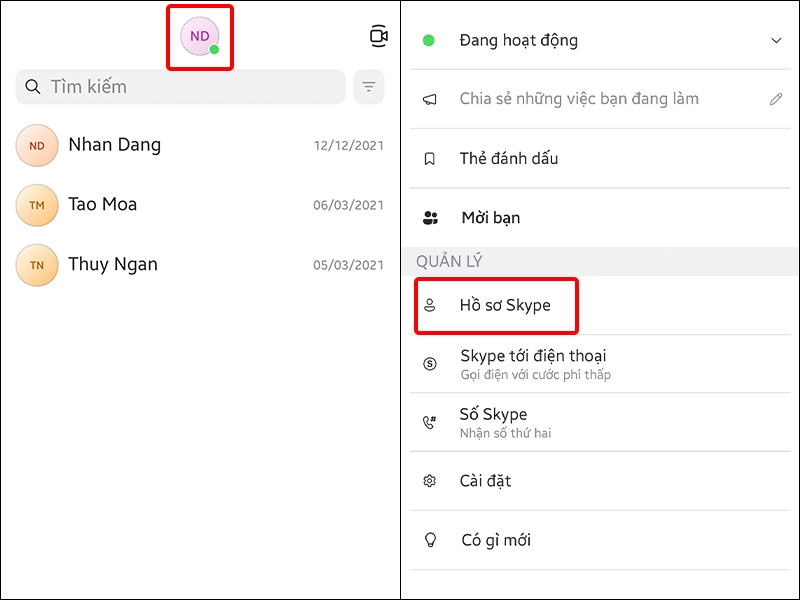 Nhấn vào Ảnh đại diện của bạn và chọn Hồ sơ Skype