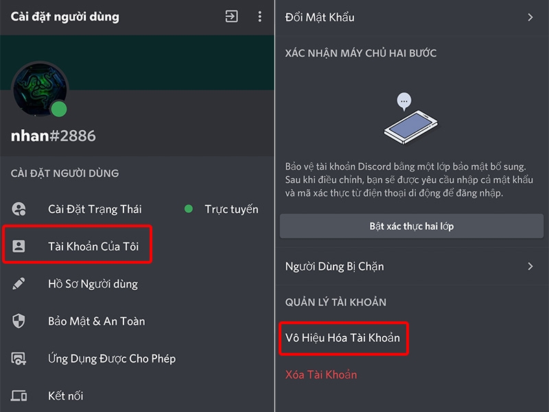 Chọn Tài Khoản Của Tôi >và nhấn vào Vô Hiệu Hóa Tài Khoản